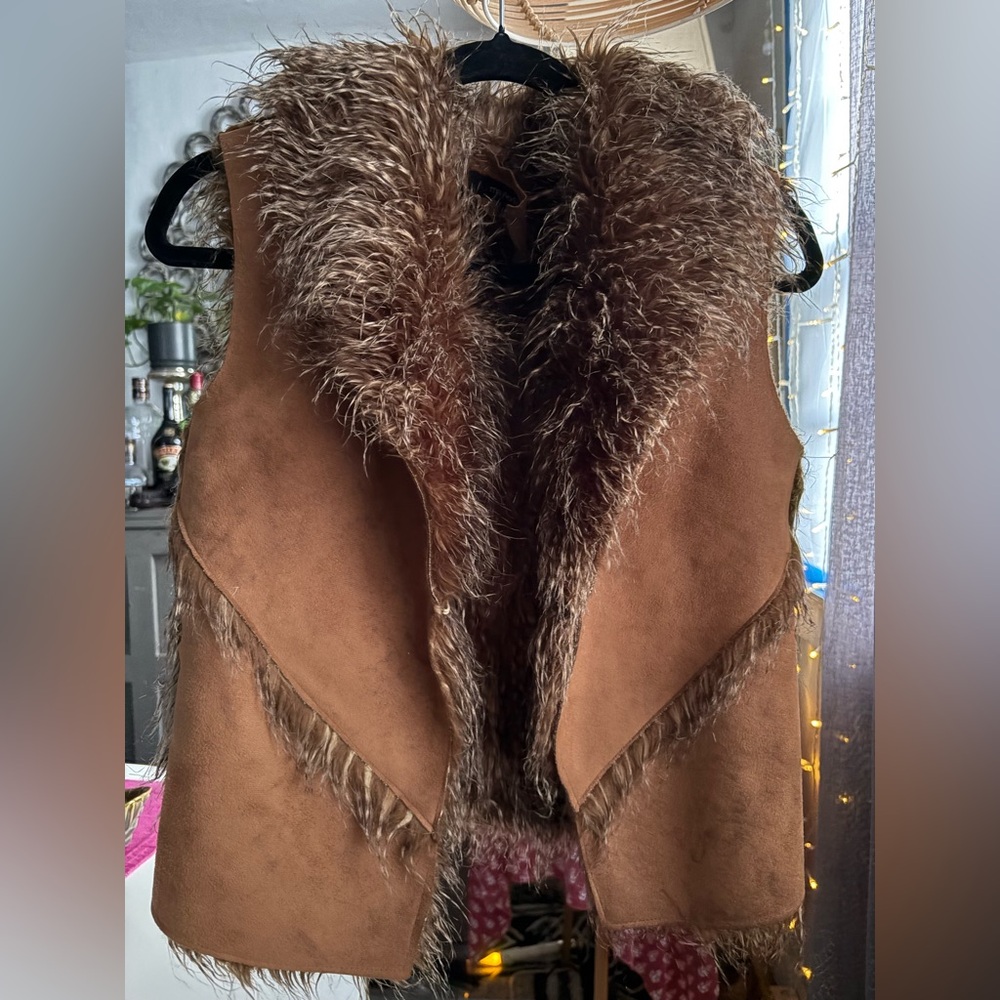 May Logan Faux Suede & Faux Fur Boho Vest Brown Size Small